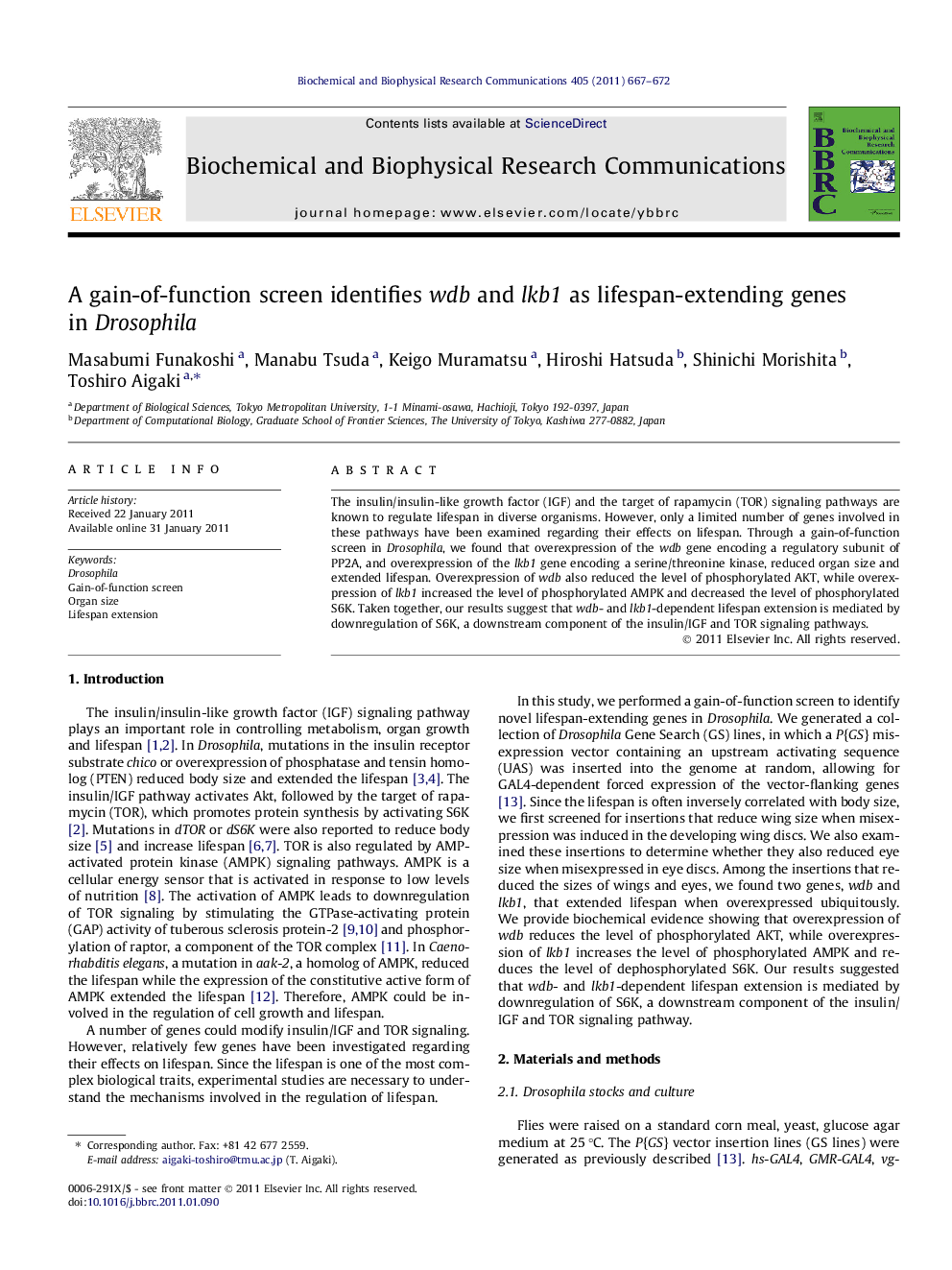 A gain-of-function screen identifies wdb and lkb1 as lifespan-extending genes in Drosophila