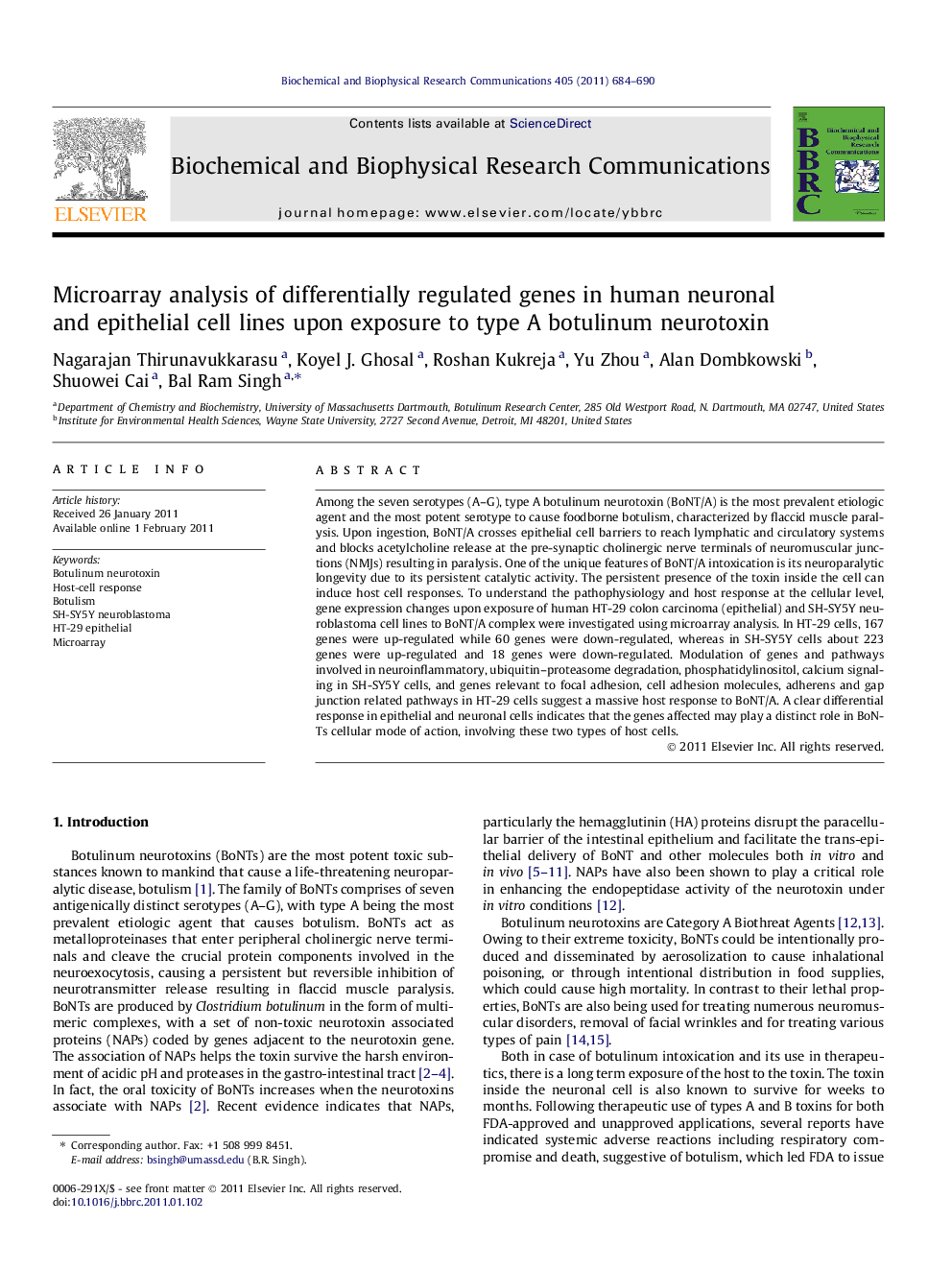 Microarray analysis of differentially regulated genes in human neuronal and epithelial cell lines upon exposure to type A botulinum neurotoxin