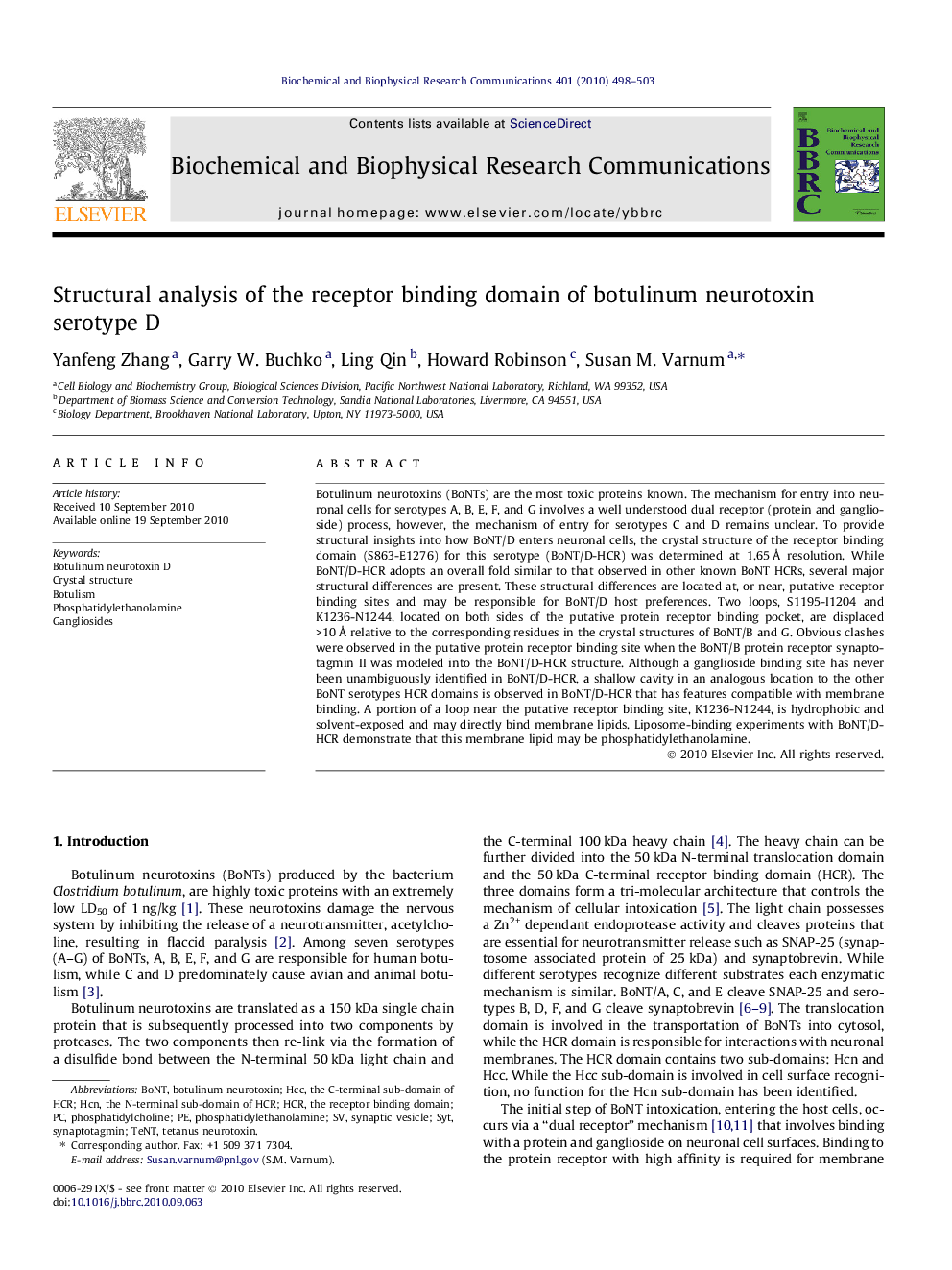 Structural analysis of the receptor binding domain of botulinum neurotoxin serotype D