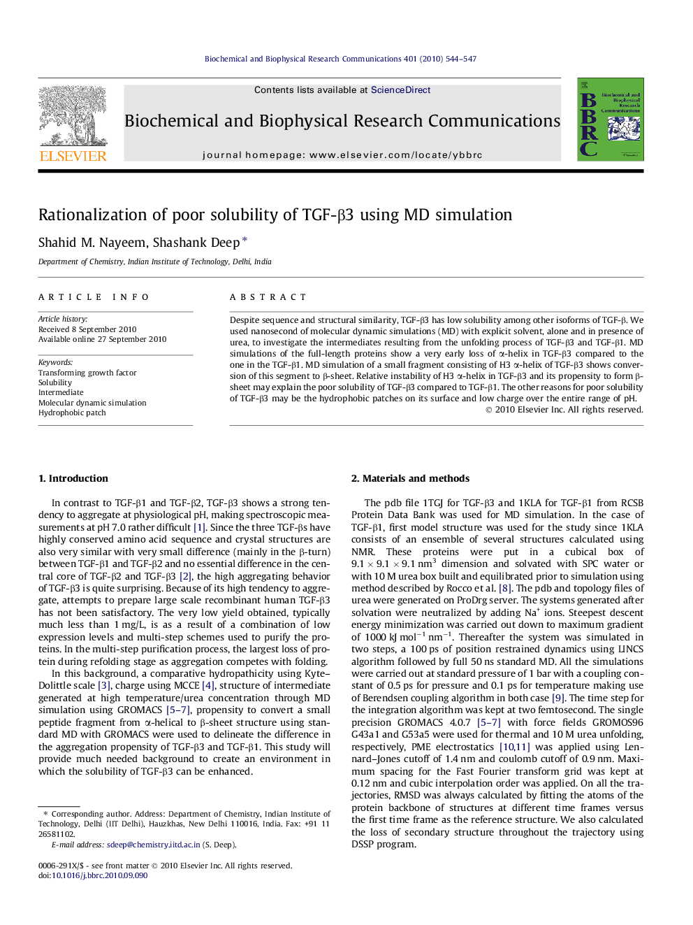 Rationalization of poor solubility of TGF-β3 using MD simulation