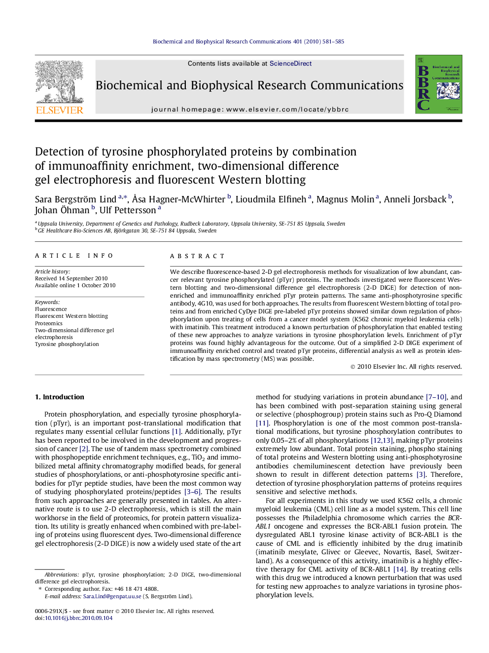 Detection of tyrosine phosphorylated proteins by combination of immunoaffinity enrichment, two-dimensional difference gel electrophoresis and fluorescent Western blotting