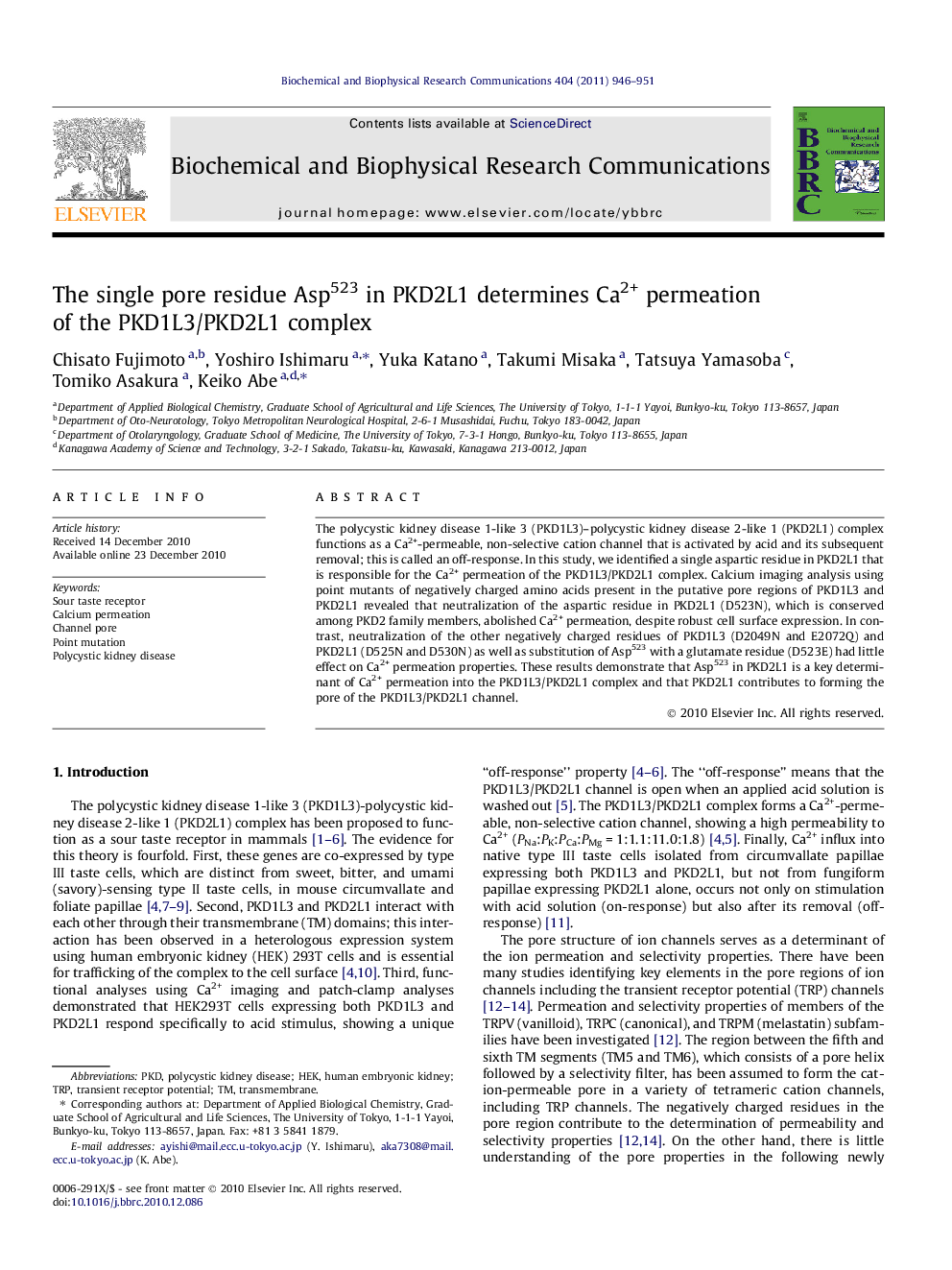 The single pore residue Asp523 in PKD2L1 determines Ca2+ permeation of the PKD1L3/PKD2L1 complex