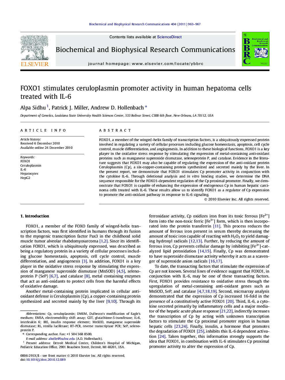 FOXO1 stimulates ceruloplasmin promoter activity in human hepatoma cells treated with IL-6