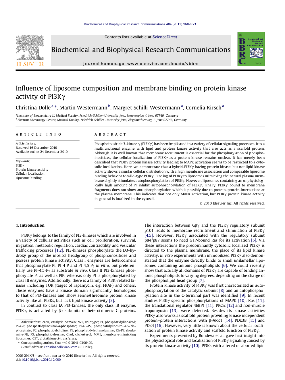 Influence of liposome composition and membrane binding on protein kinase activity of PI3KÎ³