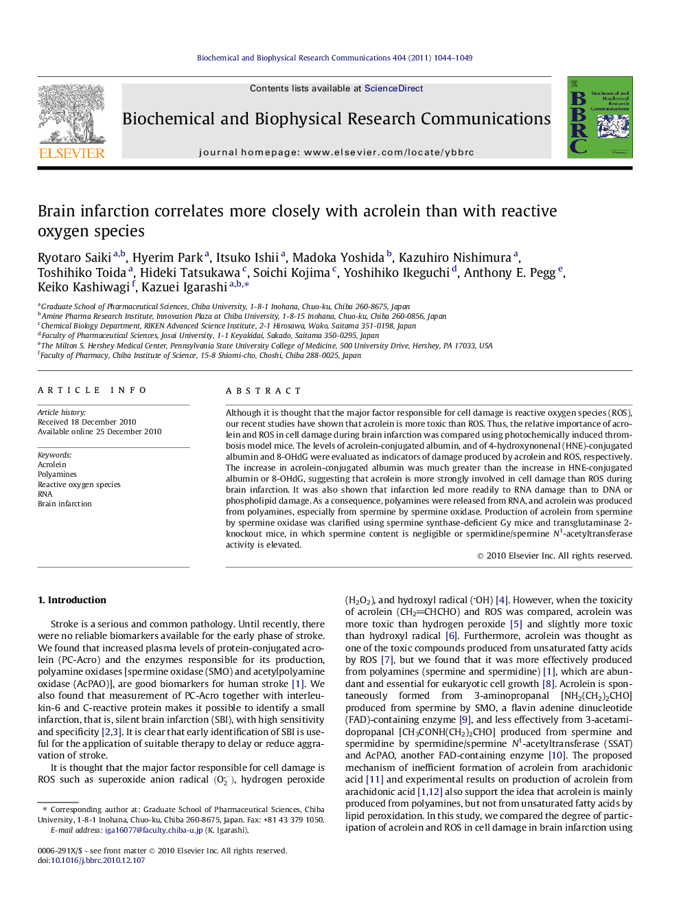 Brain infarction correlates more closely with acrolein than with reactive oxygen species