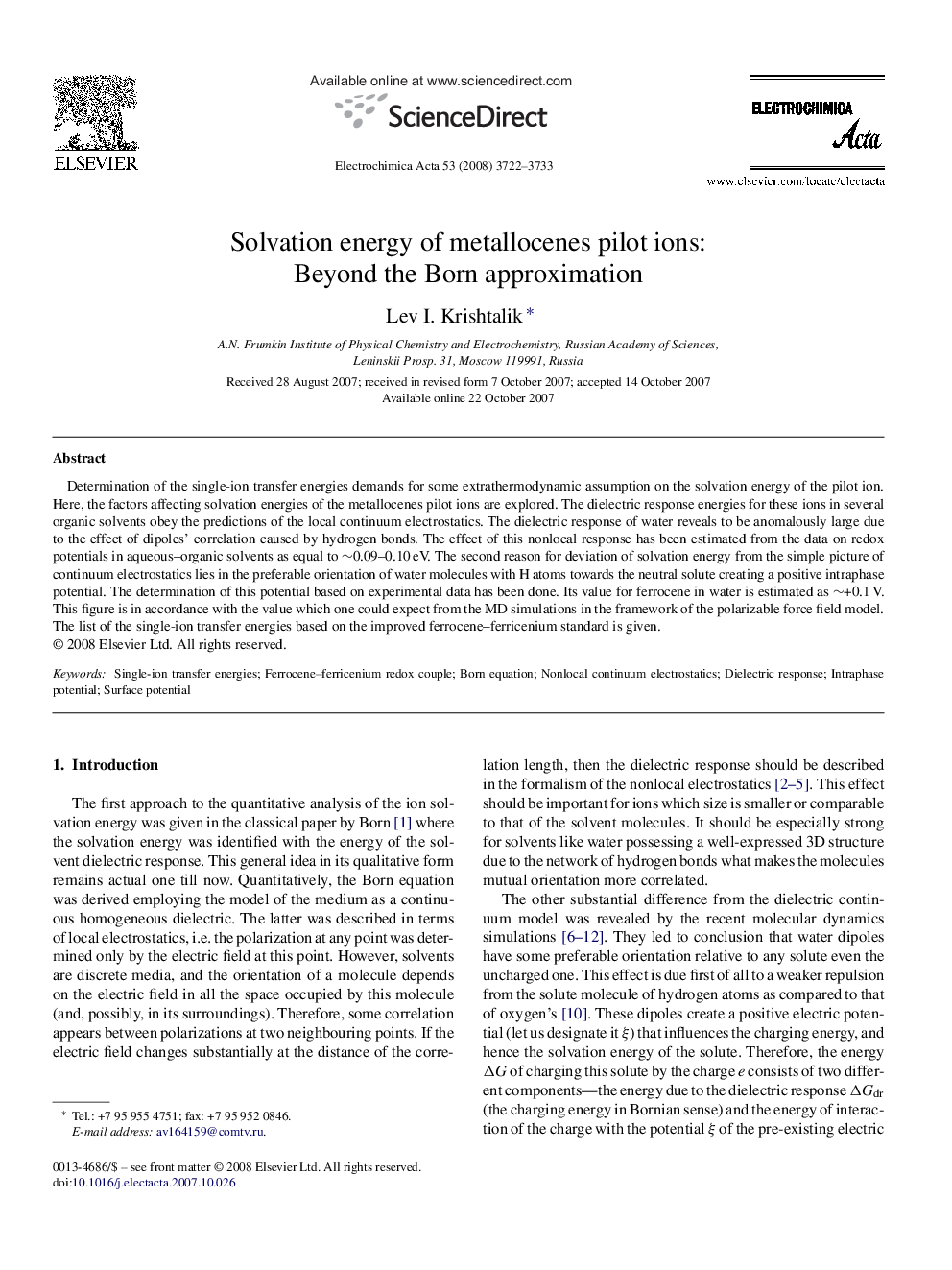 عکس صفحه اول مقاله: Solvation energy of metallocenes pilot ions: Beyond the Born approximation Solvation energy of metallocenes pilot ions: Beyond the Born approximation