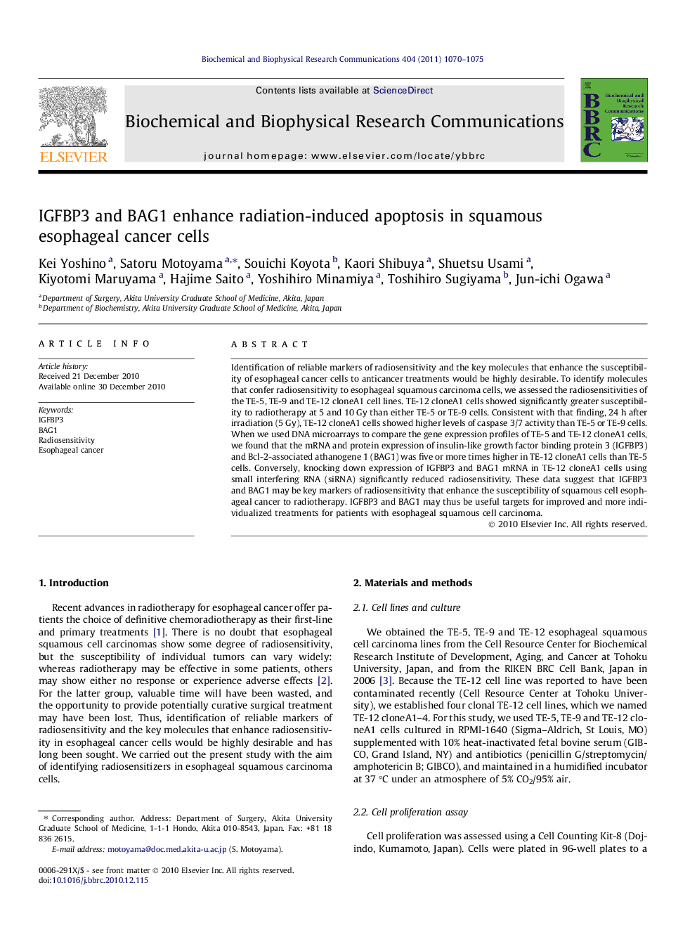 IGFBP3 and BAG1 enhance radiation-induced apoptosis in squamous esophageal cancer cells