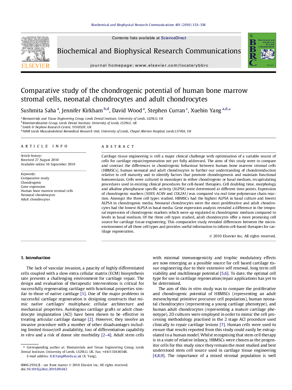 Comparative study of the chondrogenic potential of human bone marrow stromal cells, neonatal chondrocytes and adult chondrocytes