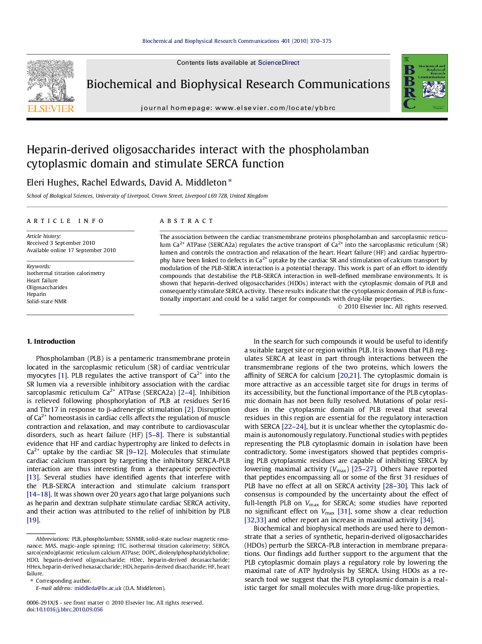 Heparin-derived oligosaccharides interact with the phospholamban cytoplasmic domain and stimulate SERCA function