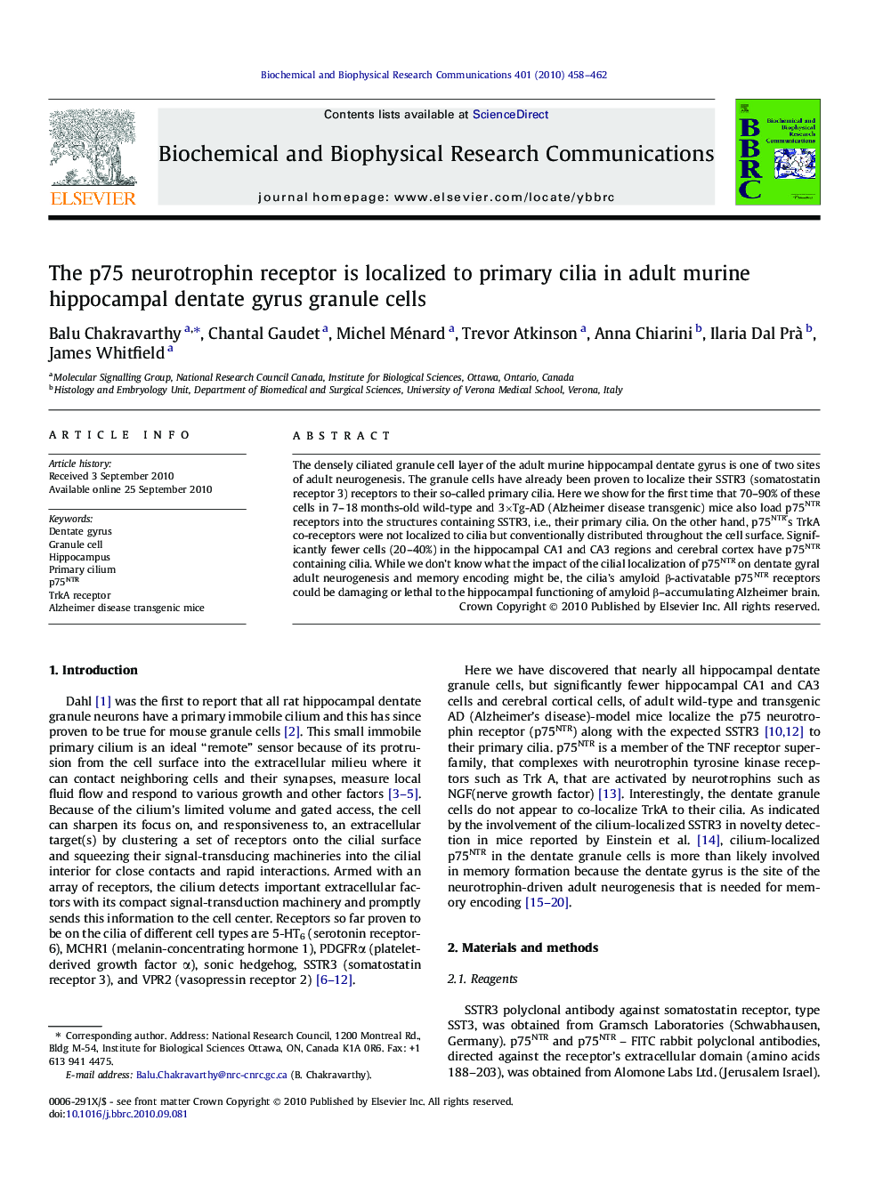 The p75 neurotrophin receptor is localized to primary cilia in adult murine hippocampal dentate gyrus granule cells