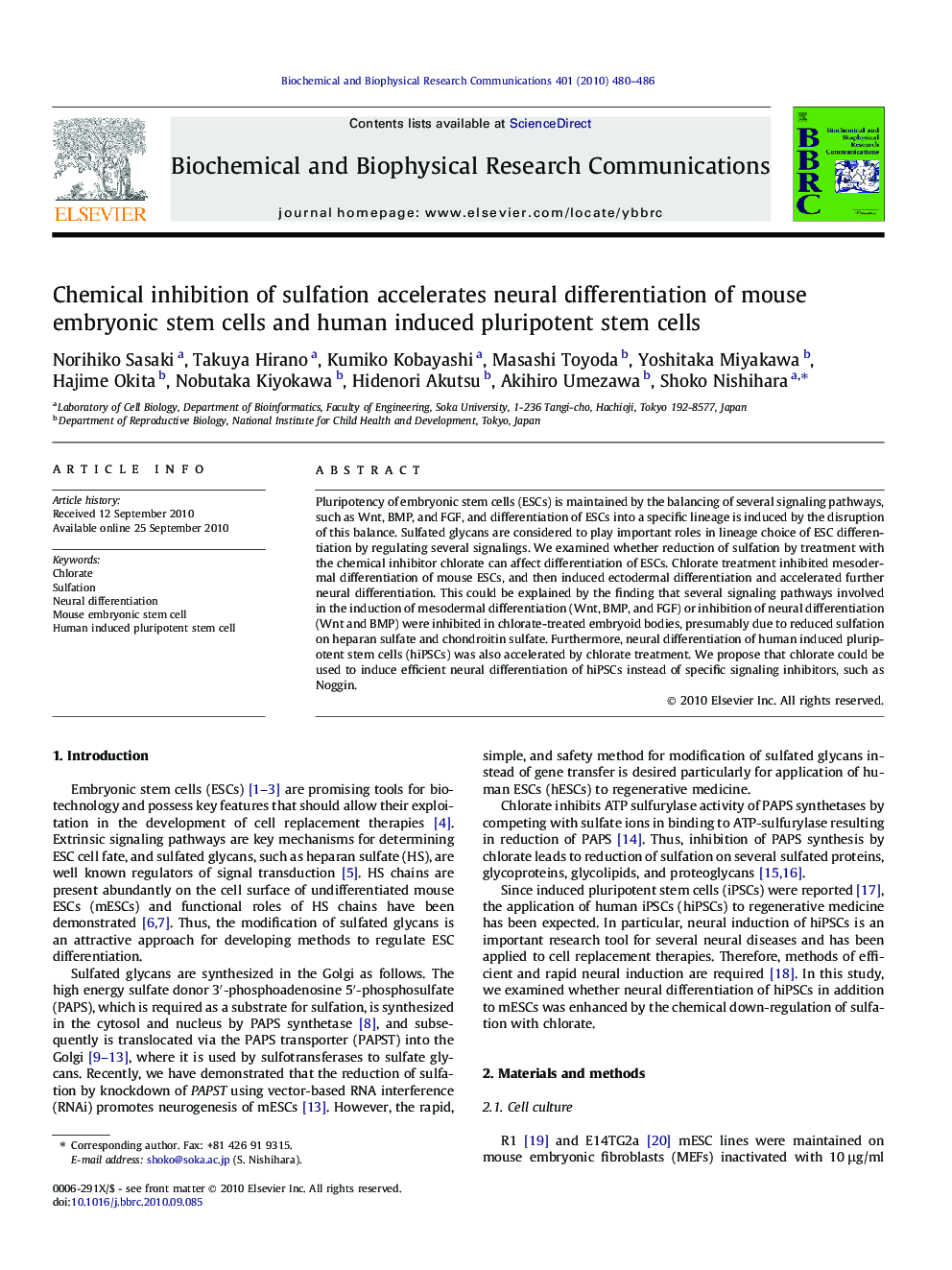 Chemical inhibition of sulfation accelerates neural differentiation of mouse embryonic stem cells and human induced pluripotent stem cells