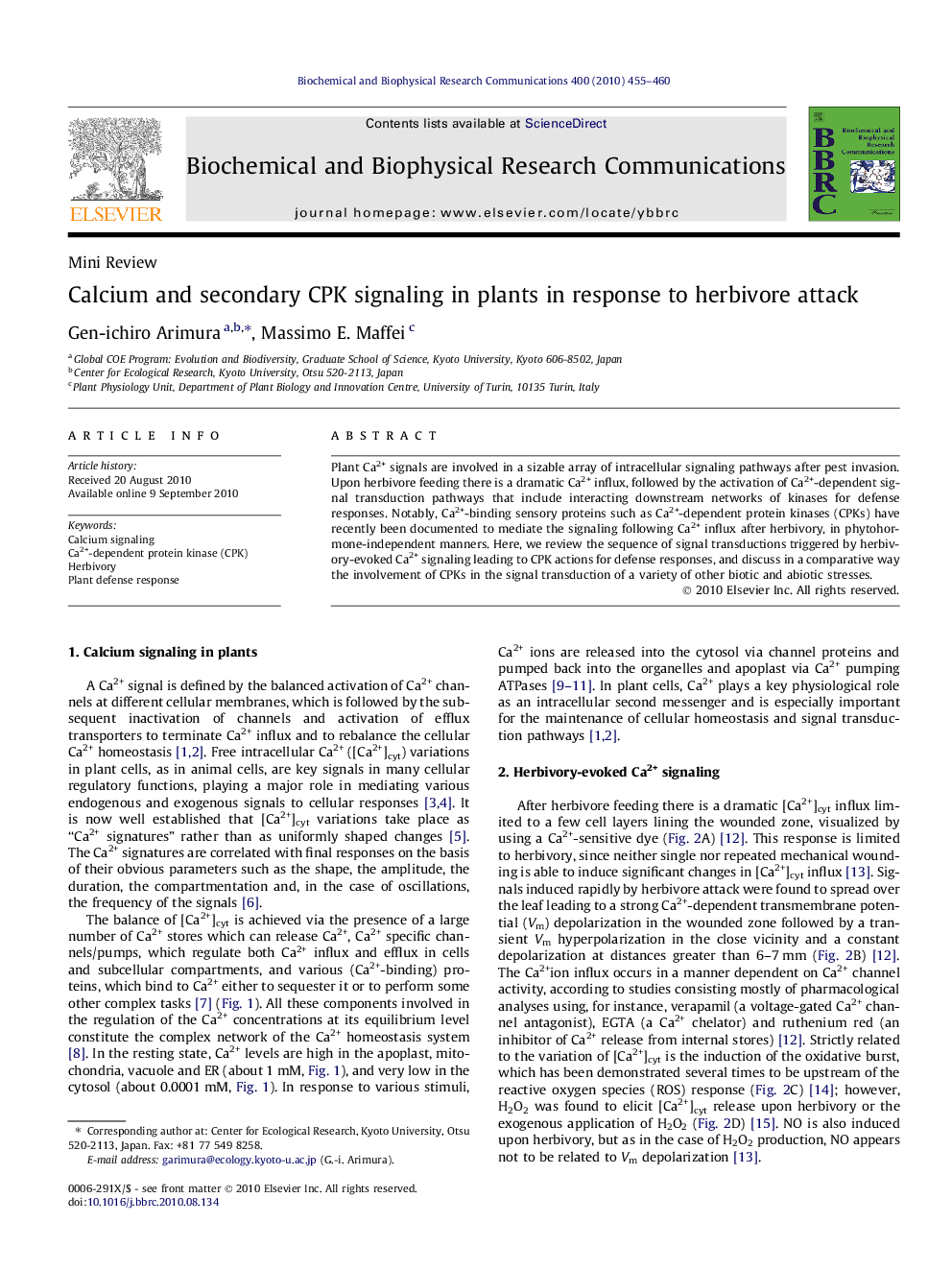 Calcium and secondary CPK signaling in plants in response to herbivore attack