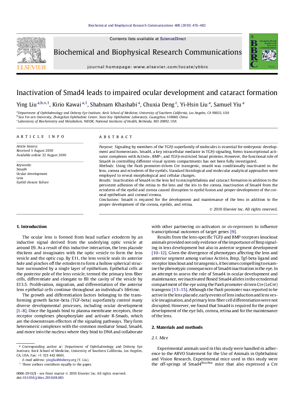 Inactivation of Smad4 leads to impaired ocular development and cataract formation