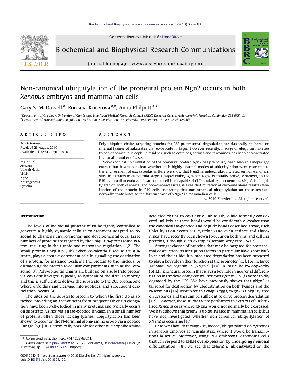 Non-canonical ubiquitylation of the proneural protein Ngn2 occurs in both Xenopus embryos and mammalian cells