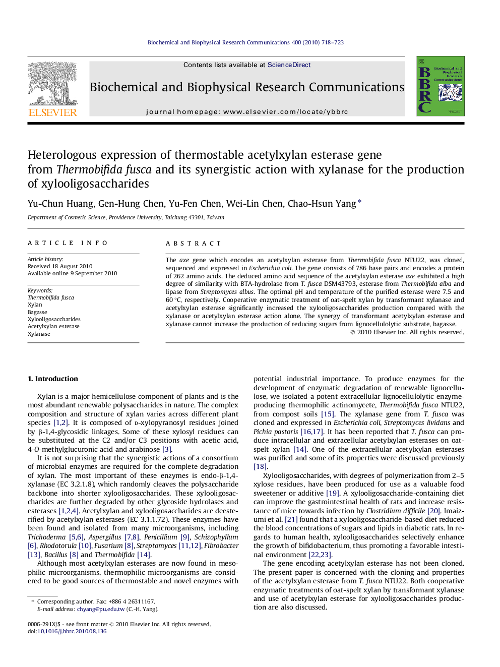 Heterologous expression of thermostable acetylxylan esterase gene from Thermobifida fusca and its synergistic action with xylanase for the production of xylooligosaccharides