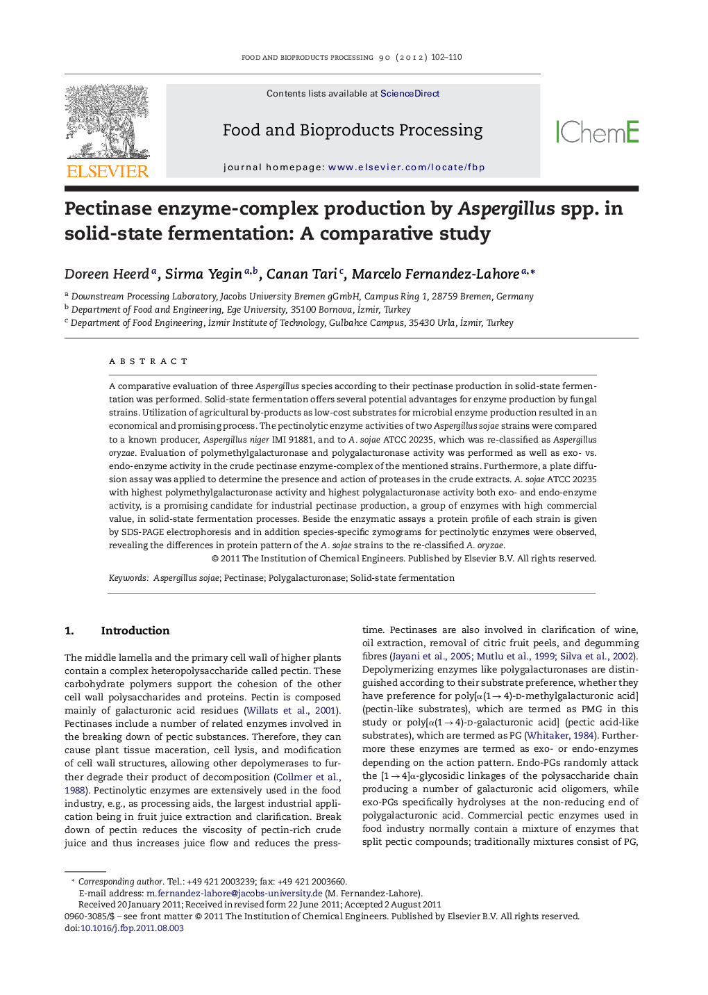 عکس صفحه اول مقاله: Pectinase enzyme-complex production by Aspergillus spp. in solid-state fermentation: A comparative study Pectinase enzyme-complex production by Aspergillus spp. in solid-state fermentation: A comparative study