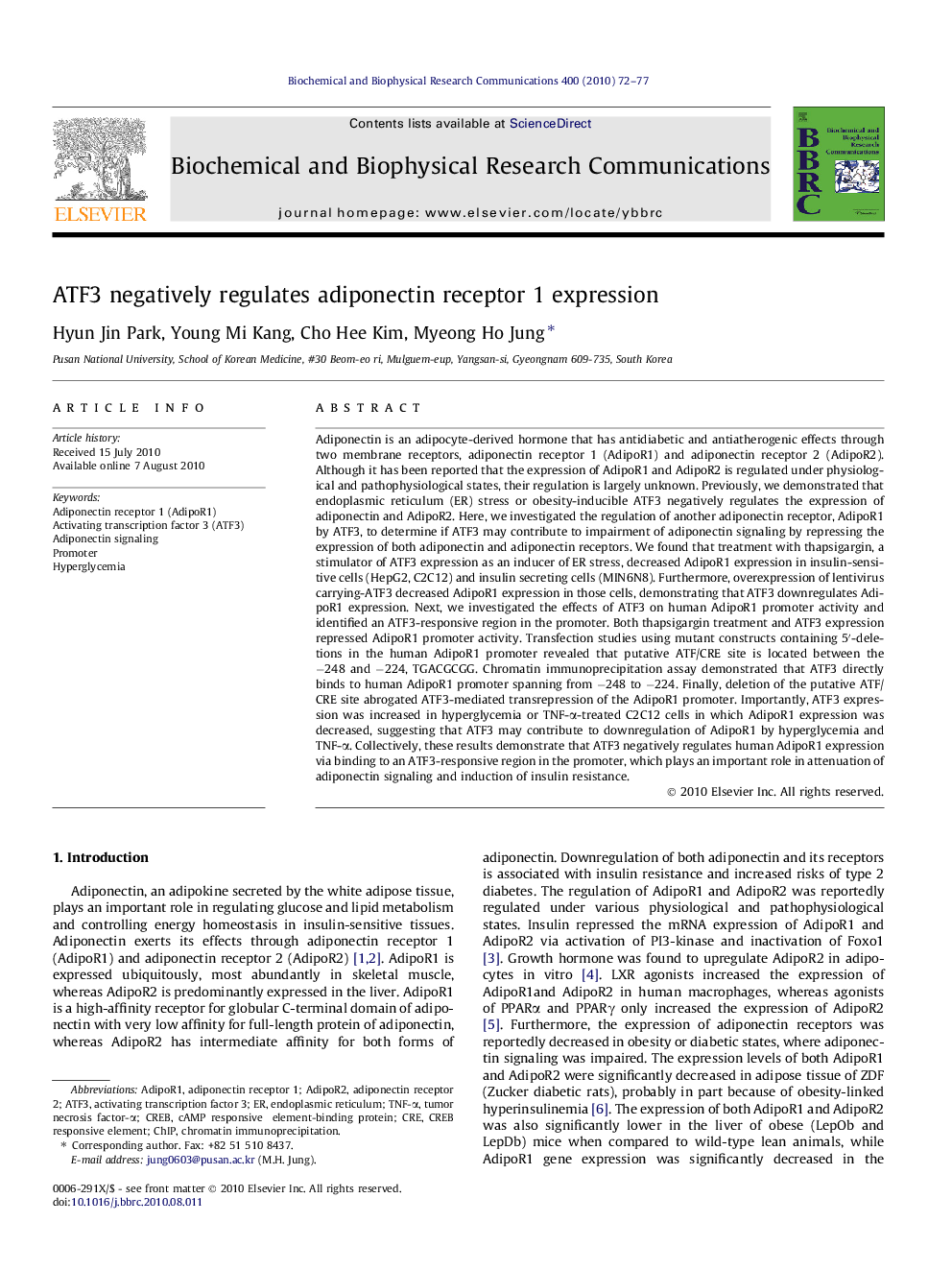 ATF3 negatively regulates adiponectin receptor 1 expression