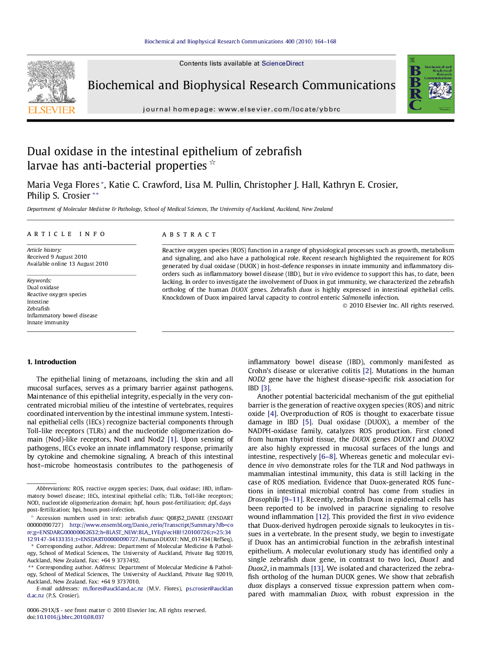 Dual oxidase in the intestinal epithelium of zebrafish larvae has anti-bacterial properties 