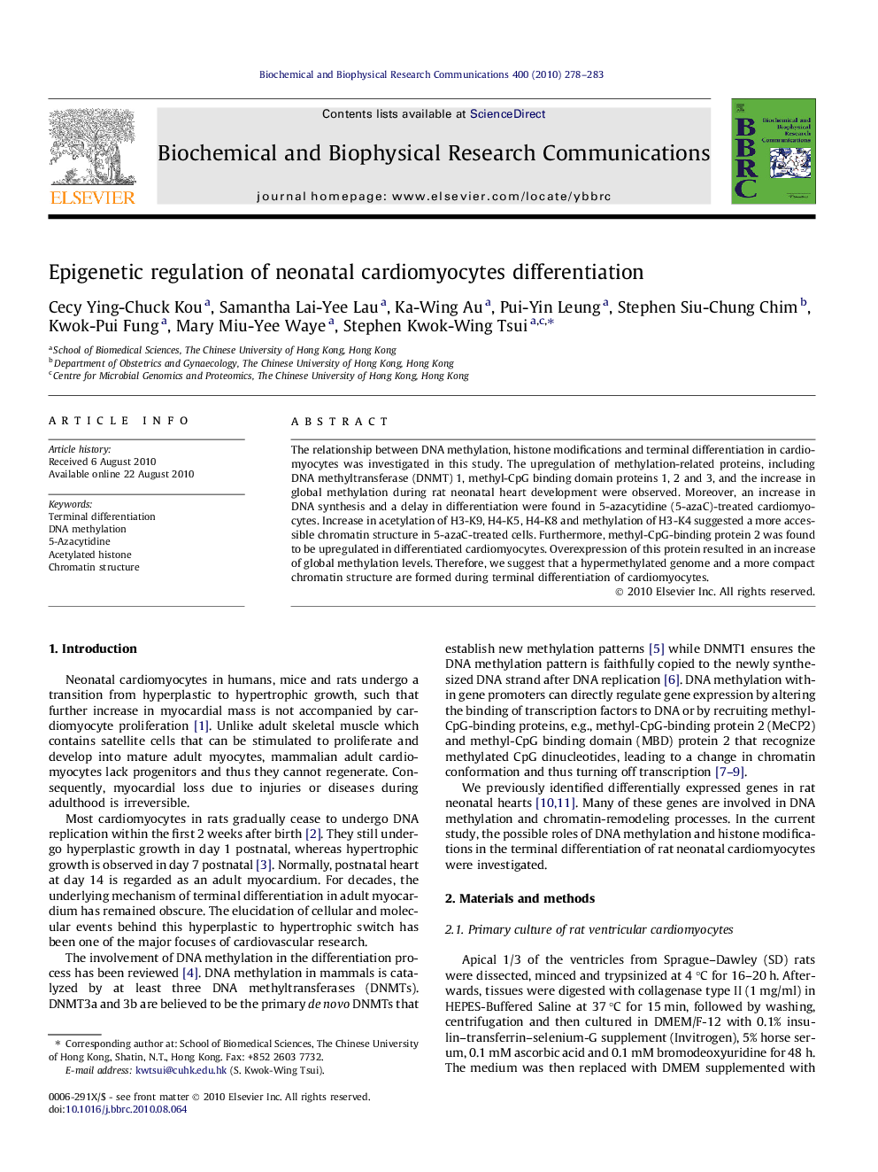 Epigenetic regulation of neonatal cardiomyocytes differentiation