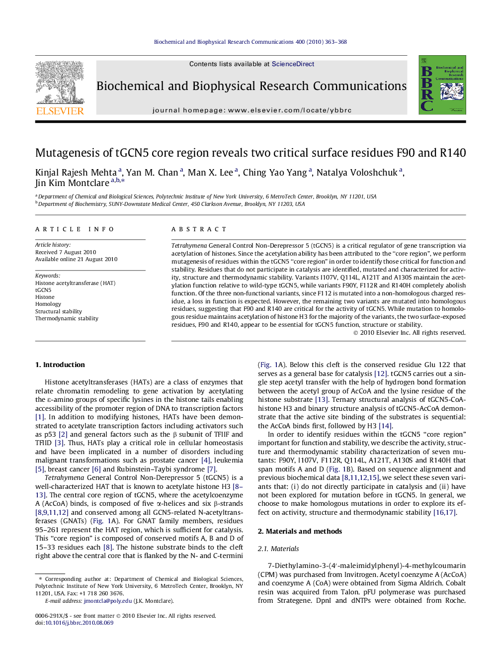 Mutagenesis of tGCN5 core region reveals two critical surface residues F90 and R140