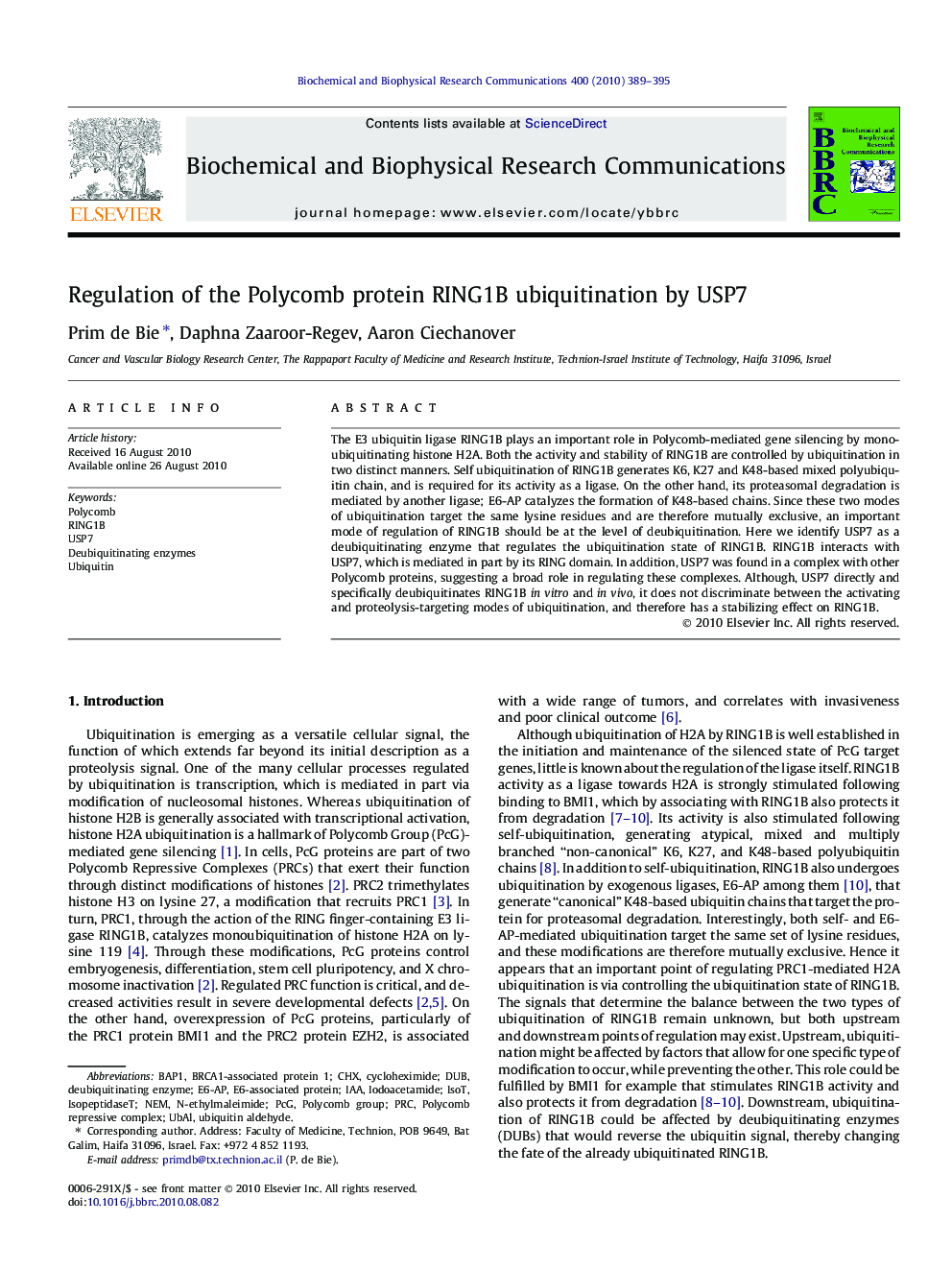 Regulation of the Polycomb protein RING1B ubiquitination by USP7