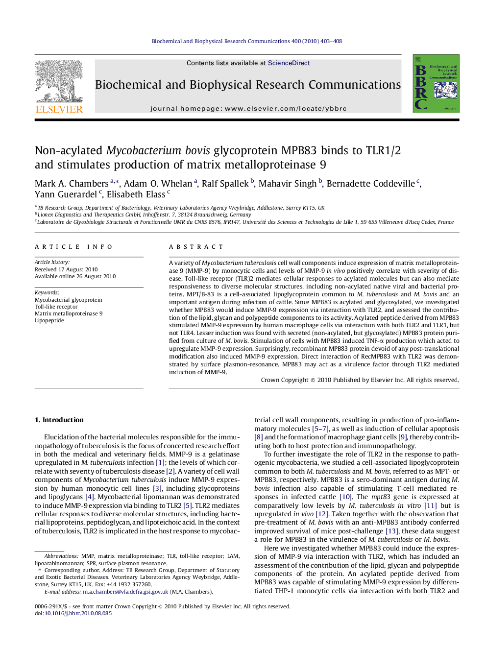 Non-acylated Mycobacterium bovis glycoprotein MPB83 binds to TLR1/2 and stimulates production of matrix metalloproteinase 9