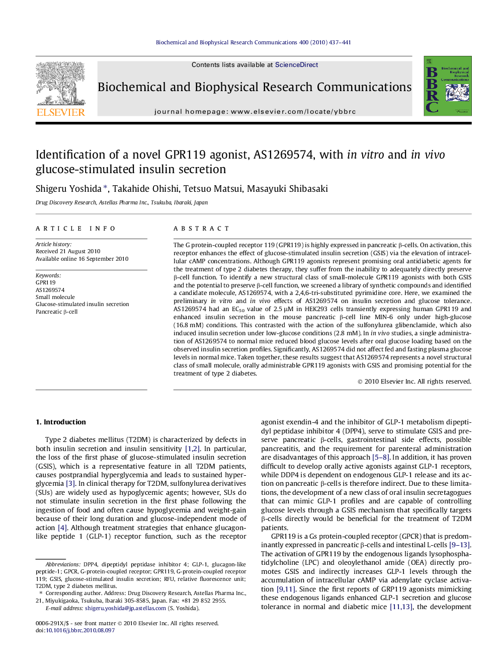 Identification of a novel GPR119 agonist, AS1269574, with in vitro and in vivo glucose-stimulated insulin secretion