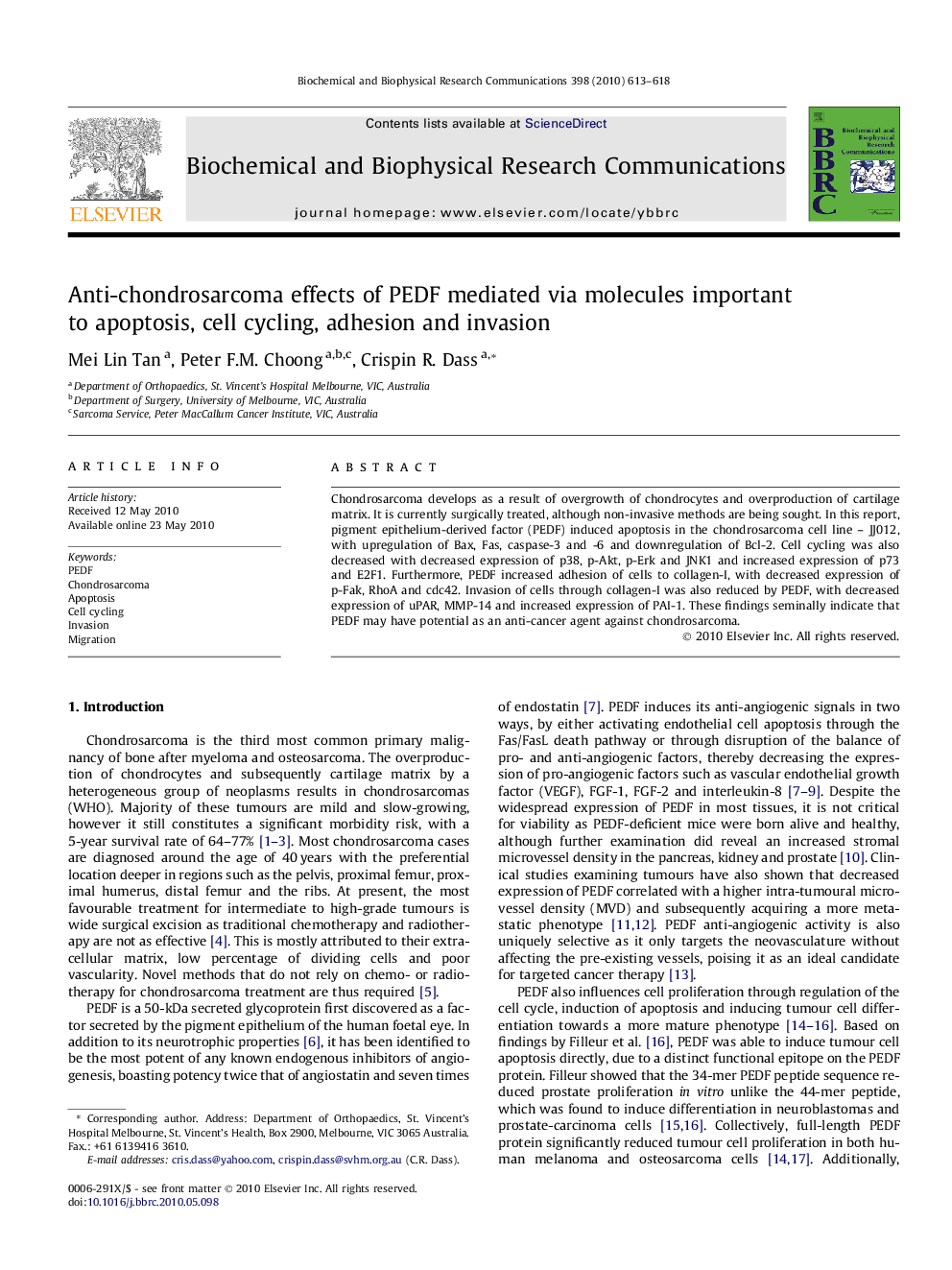 Anti-chondrosarcoma effects of PEDF mediated via molecules important to apoptosis, cell cycling, adhesion and invasion