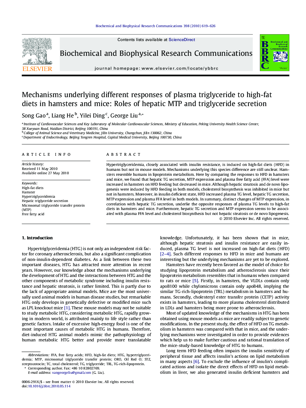 Mechanisms underlying different responses of plasma triglyceride to high-fat diets in hamsters and mice: Roles of hepatic MTP and triglyceride secretion