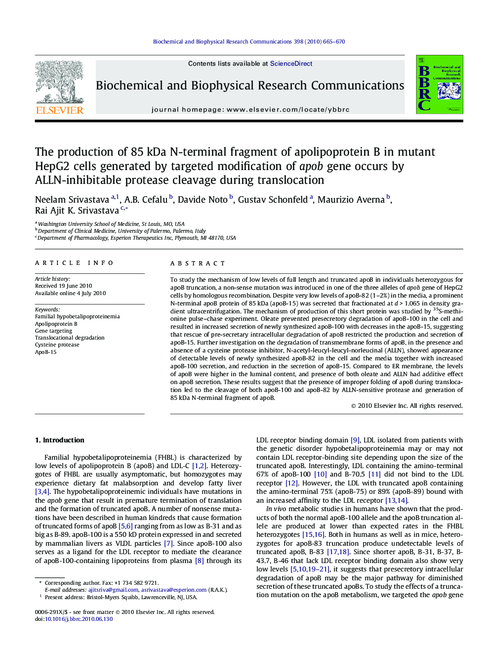 The production of 85 kDa N-terminal fragment of apolipoprotein B in mutant HepG2 cells generated by targeted modification of apob gene occurs by ALLN-inhibitable protease cleavage during translocation