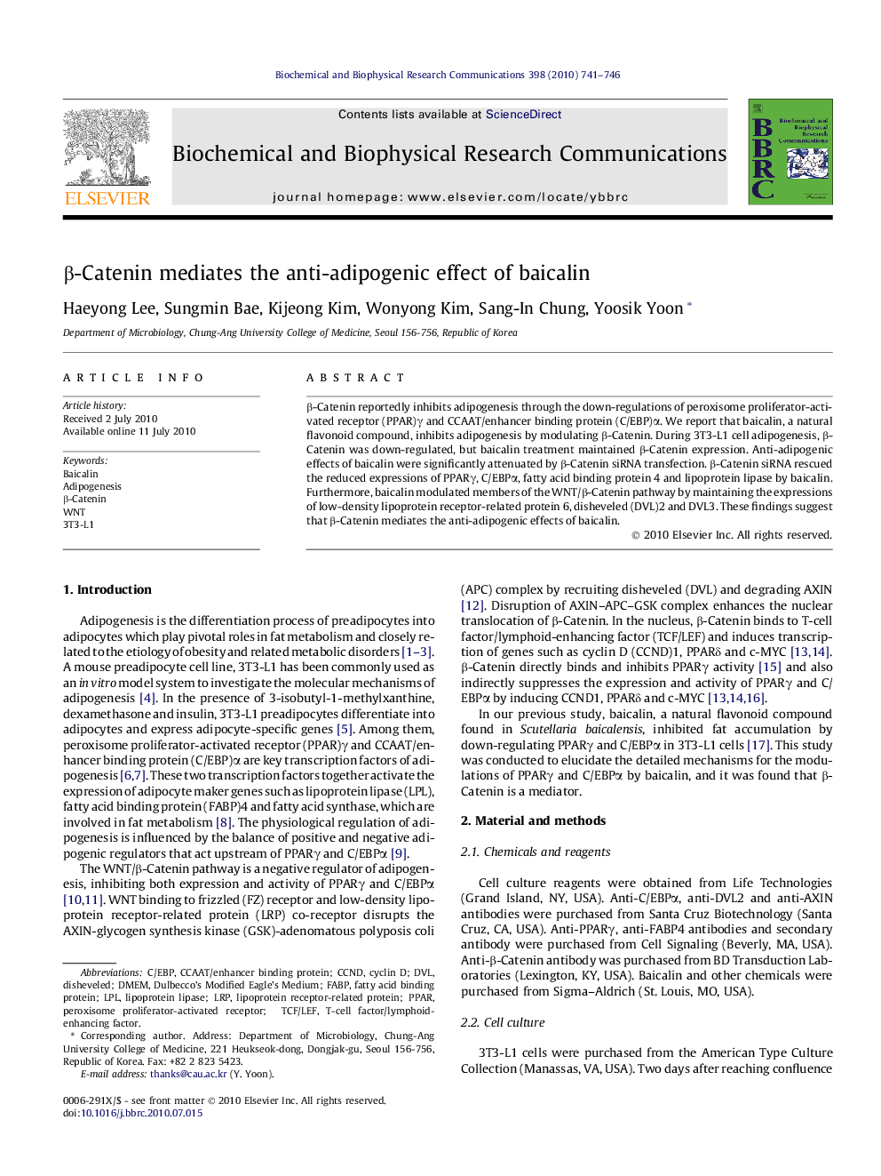 β-Catenin mediates the anti-adipogenic effect of baicalin