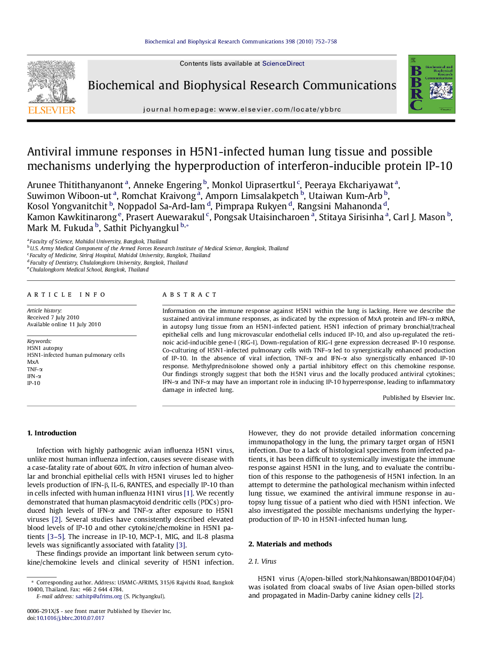 Antiviral immune responses in H5N1-infected human lung tissue and possible mechanisms underlying the hyperproduction of interferon-inducible protein IP-10