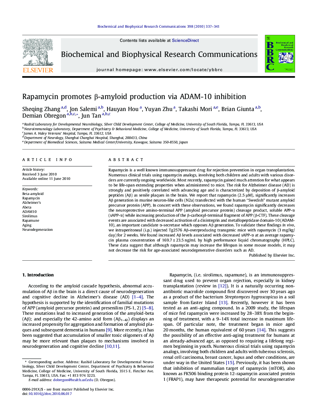 Rapamycin promotes β-amyloid production via ADAM-10 inhibition