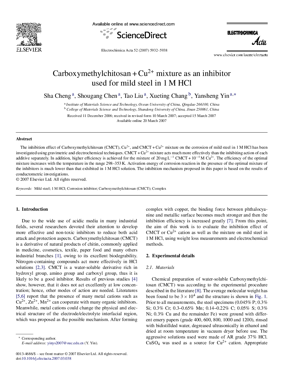 Carboxymethylchitosan + Cu2+ mixture as an inhibitor used for mild steel in 1 M HCl