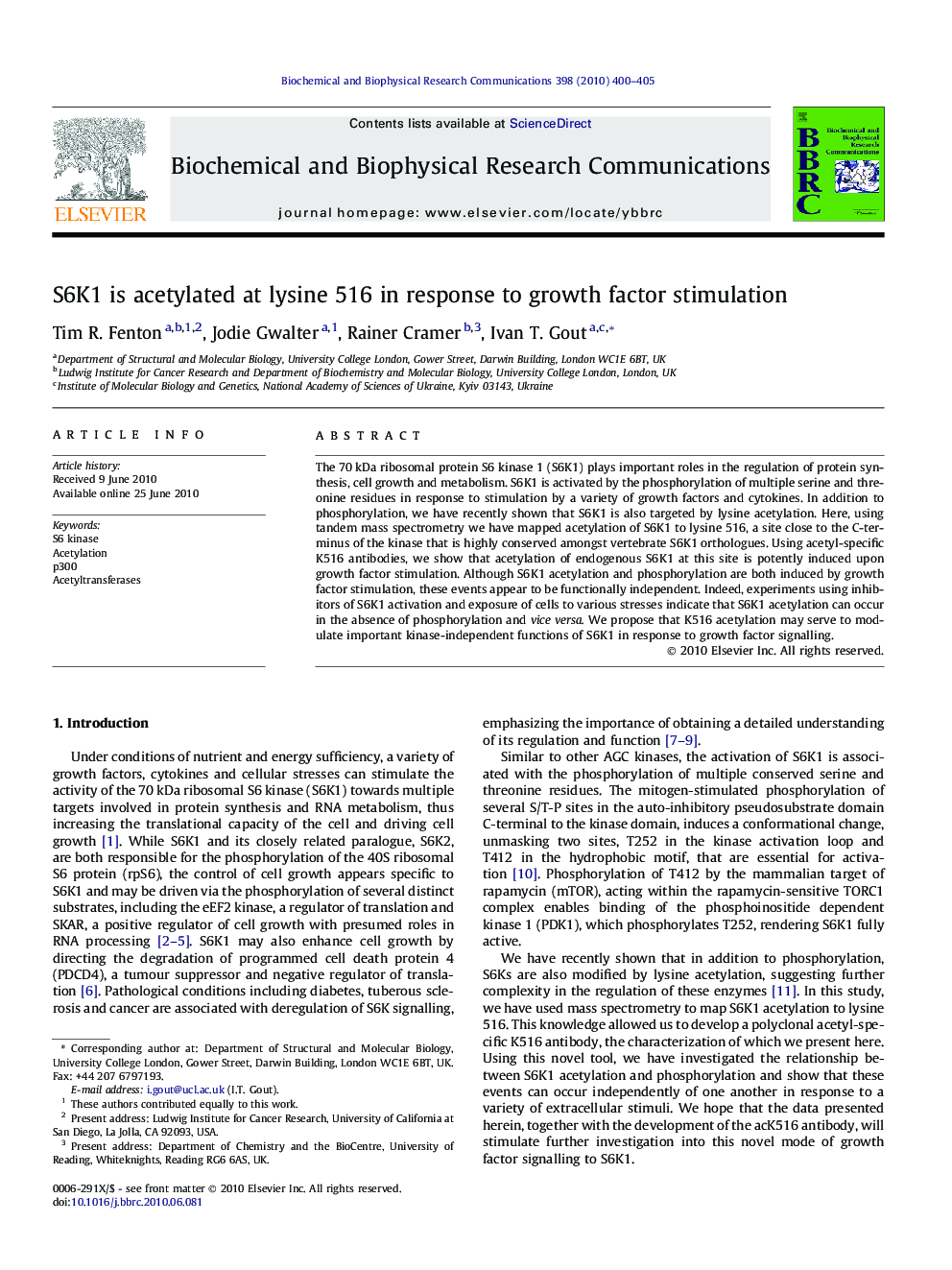 S6K1 is acetylated at lysine 516 in response to growth factor stimulation