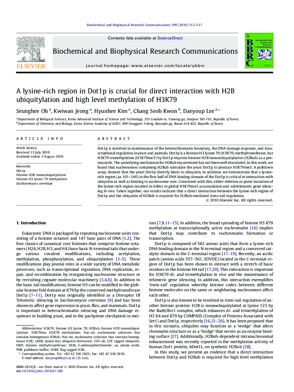 A lysine-rich region in Dot1p is crucial for direct interaction with H2B ubiquitylation and high level methylation of H3K79
