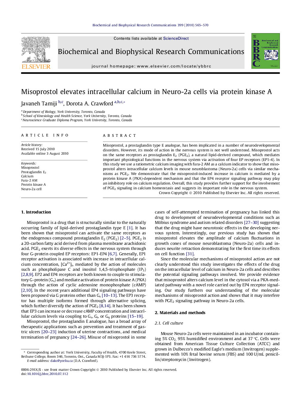 Misoprostol elevates intracellular calcium in Neuro-2a cells via protein kinase A