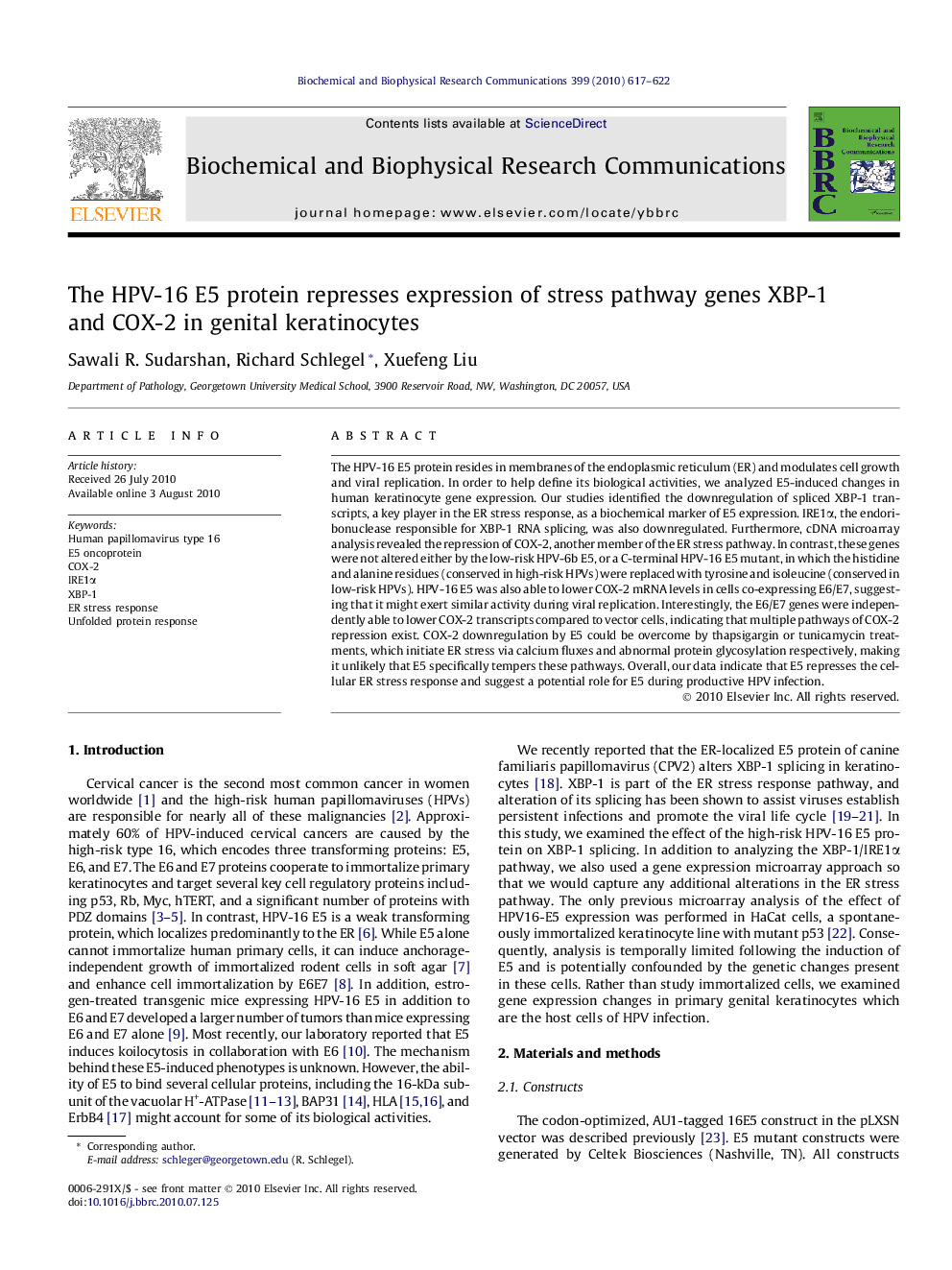 عکس صفحه اول مقاله: The HPV-16 E5 protein represses expression of stress pathway genes XBP-1 and COX-2 in genital keratinocytes The HPV-16 E5 protein represses expression of stress pathway genes XBP-1 and COX-2 in genital keratinocytes