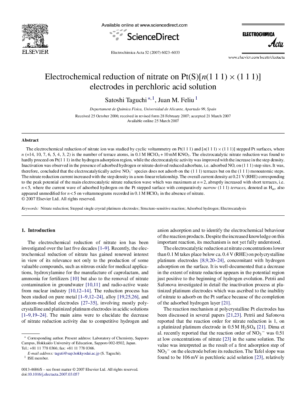 Electrochemical reduction of nitrate on Pt(S)[n(1 1 1) × (1 1 1)] electrodes in perchloric acid solution