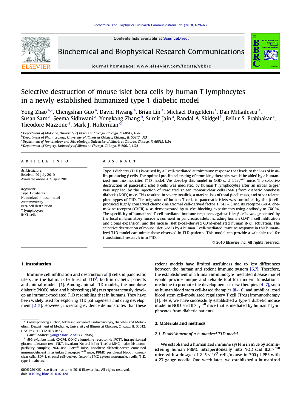 Selective destruction of mouse islet beta cells by human T lymphocytes in a newly-established humanized type 1 diabetic model