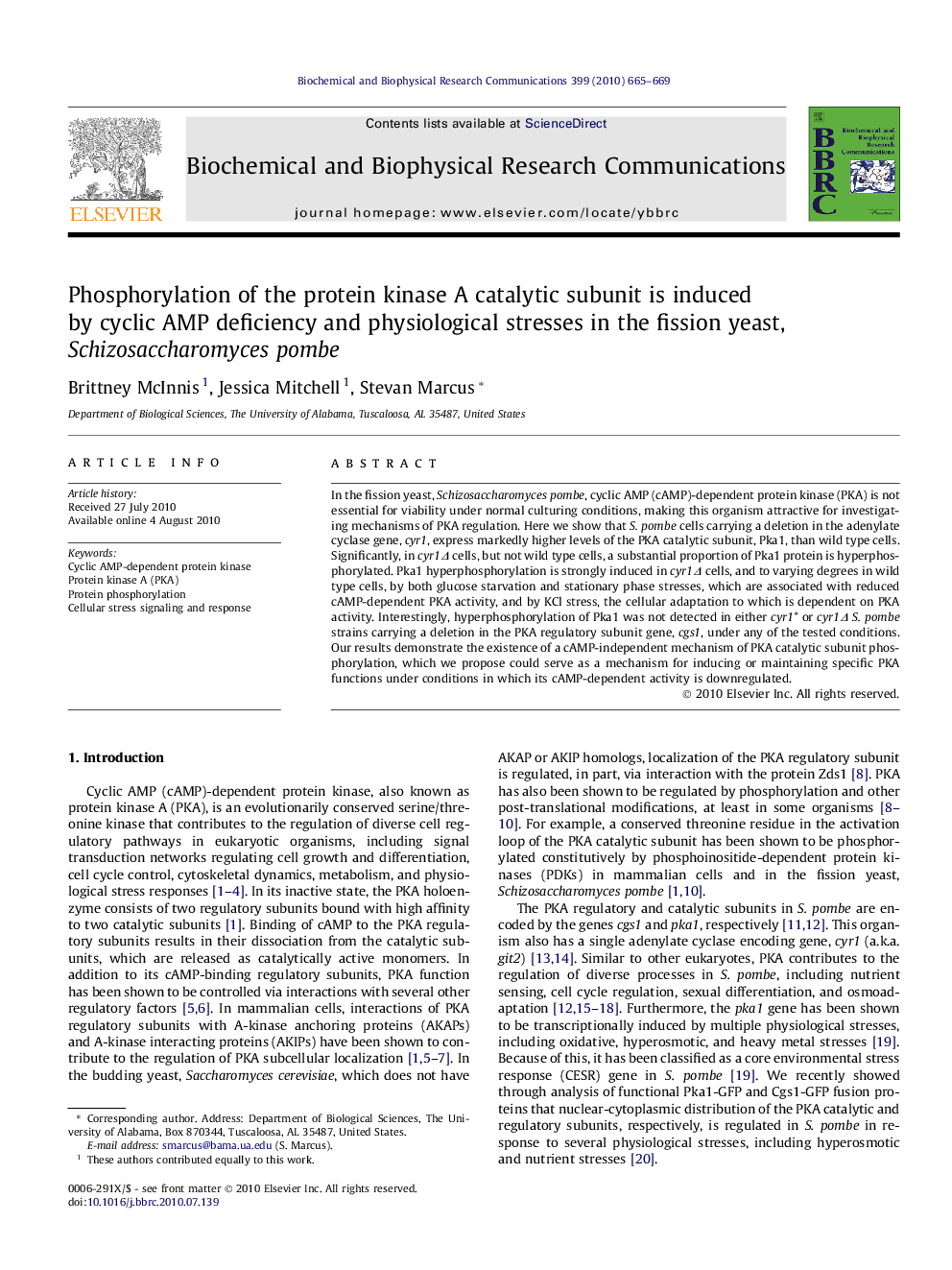 Phosphorylation of the protein kinase A catalytic subunit is induced by cyclic AMP deficiency and physiological stresses in the fission yeast, Schizosaccharomyces pombe