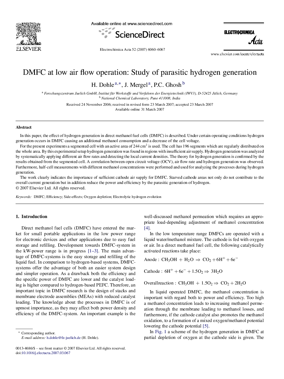 DMFC at low air flow operation: Study of parasitic hydrogen generation