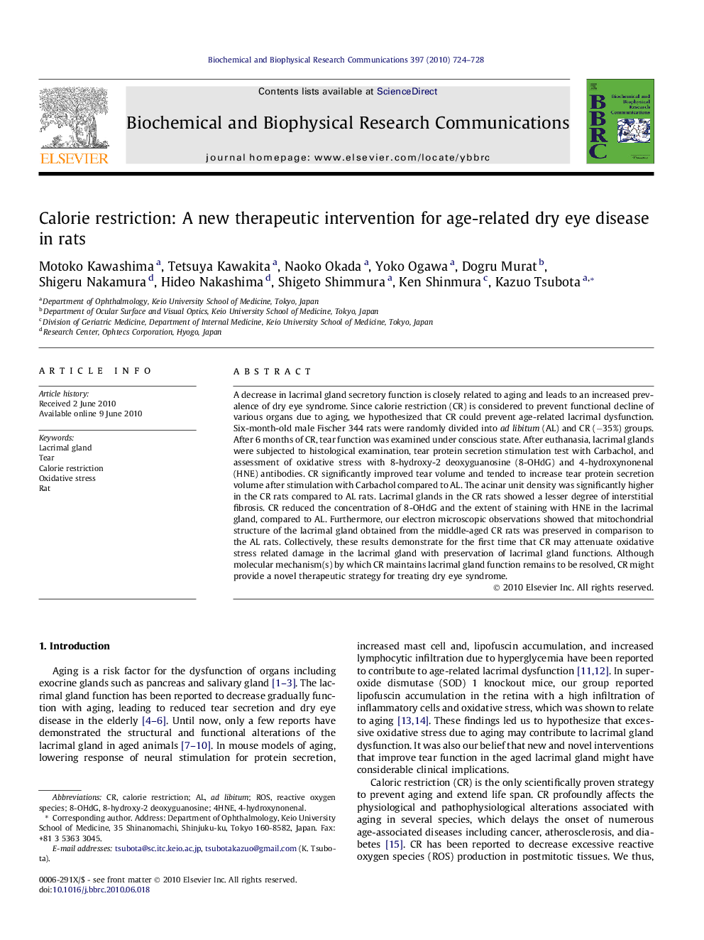 Calorie restriction: A new therapeutic intervention for age-related dry eye disease in rats