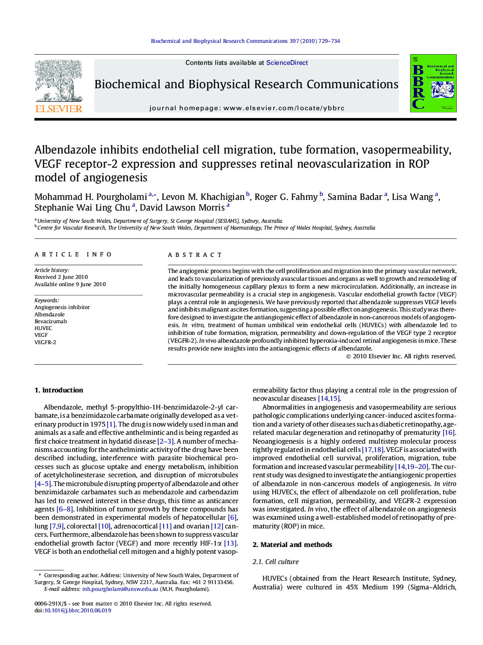 Albendazole inhibits endothelial cell migration, tube formation, vasopermeability, VEGF receptor-2 expression and suppresses retinal neovascularization in ROP model of angiogenesis