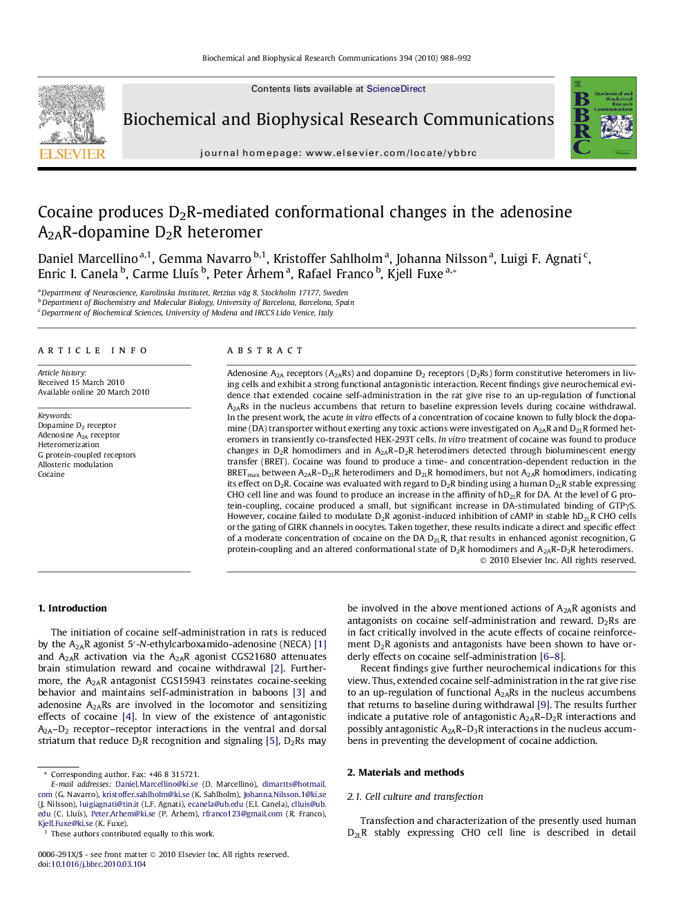 Cocaine produces D2R-mediated conformational changes in the adenosine A2AR-dopamine D2R heteromer