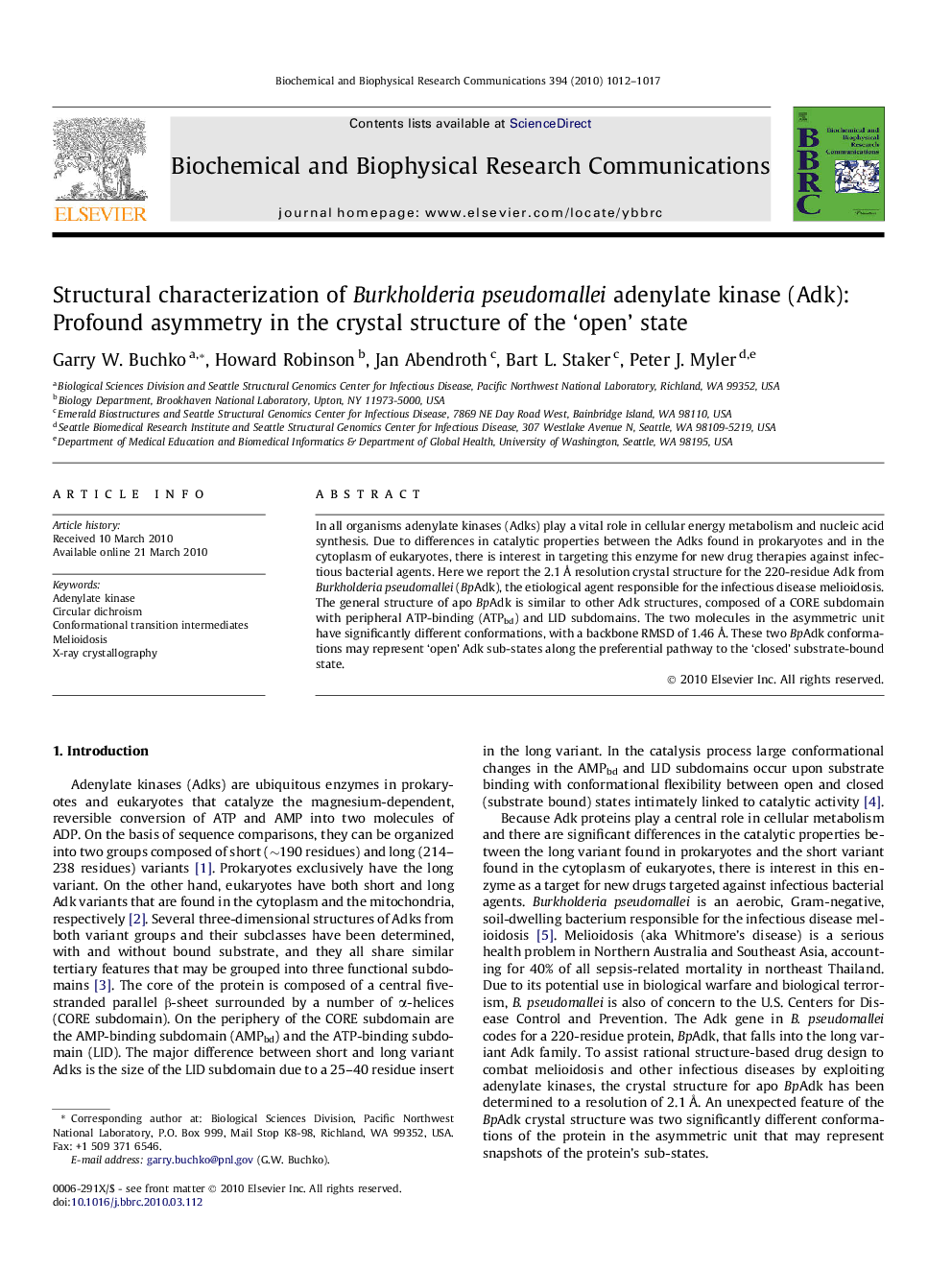 Structural characterization of Burkholderia pseudomallei adenylate kinase (Adk): Profound asymmetry in the crystal structure of the ‘open’ state