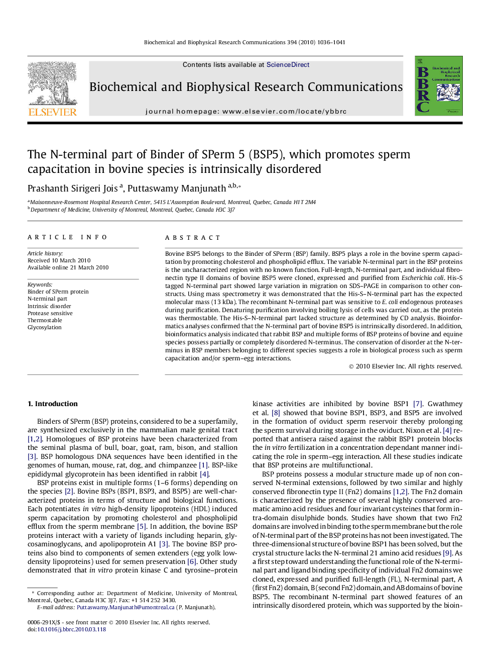 The N-terminal part of Binder of SPerm 5 (BSP5), which promotes sperm capacitation in bovine species is intrinsically disordered