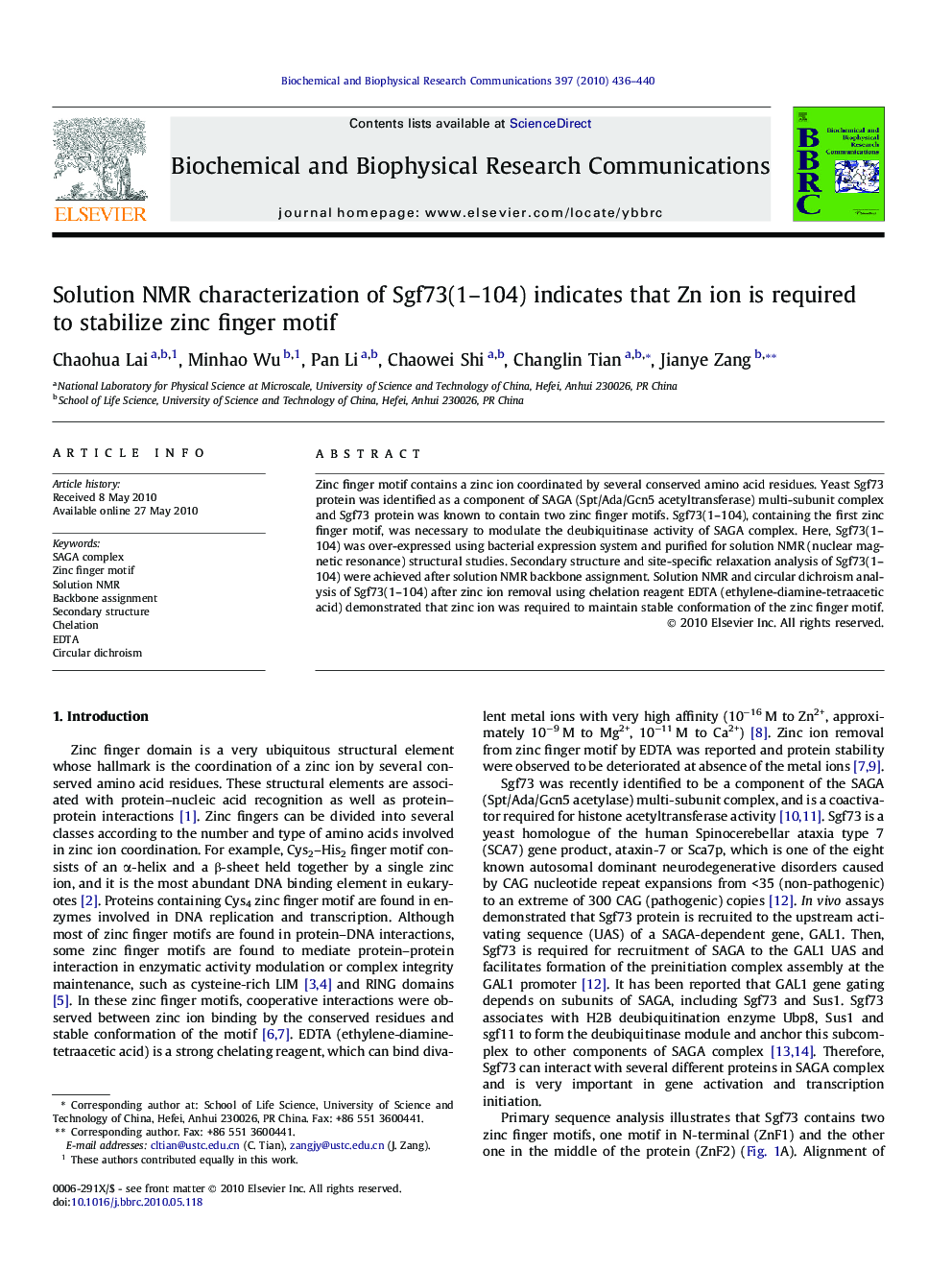 Solution NMR characterization of Sgf73(1–104) indicates that Zn ion is required to stabilize zinc finger motif