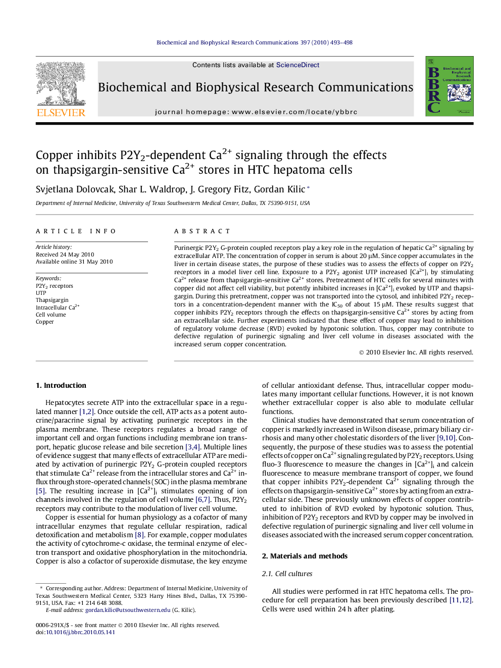 Copper inhibits P2Y2-dependent Ca2+ signaling through the effects on thapsigargin-sensitive Ca2+ stores in HTC hepatoma cells