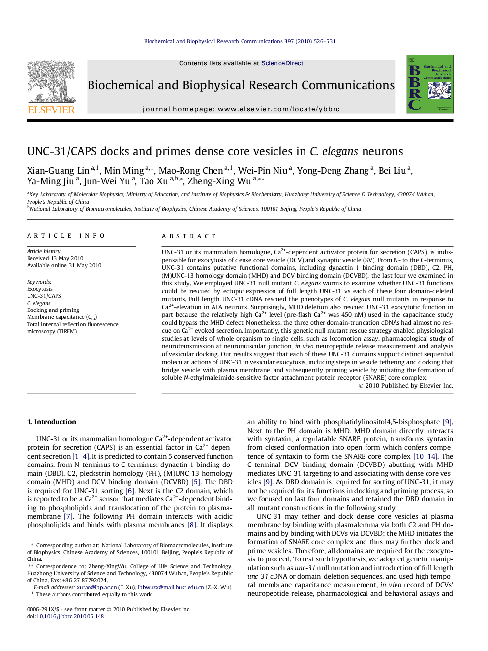 UNC-31/CAPS docks and primes dense core vesicles in C. elegans neurons